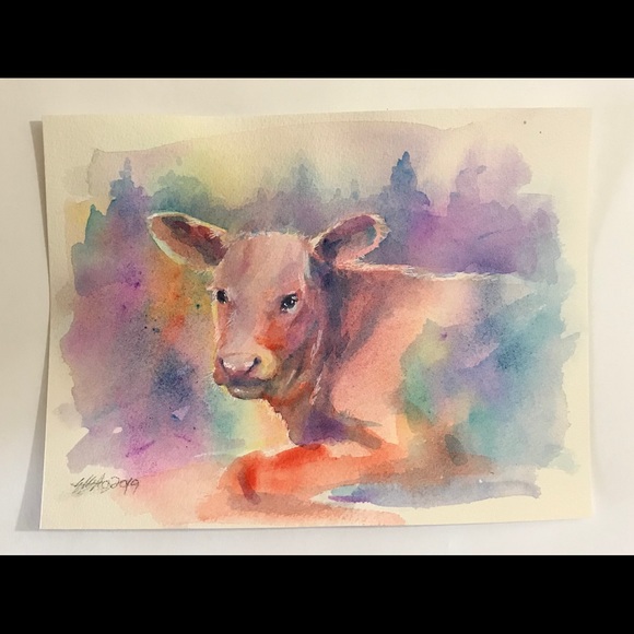 ⭕️ SOLD Original painting cow calf western sunset - Picture 2 of 8